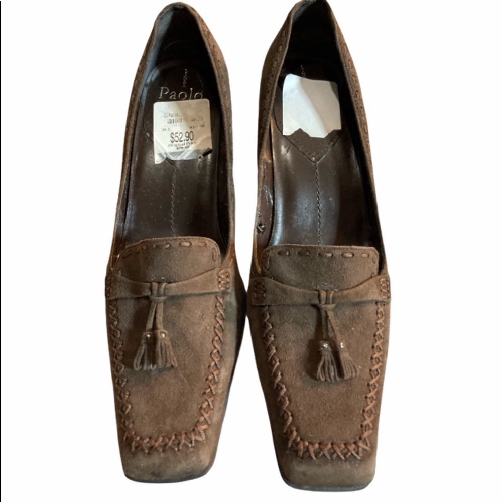 PAOLO BROWN SUEDE SQUARE TOE HEEL W/ TASSELS